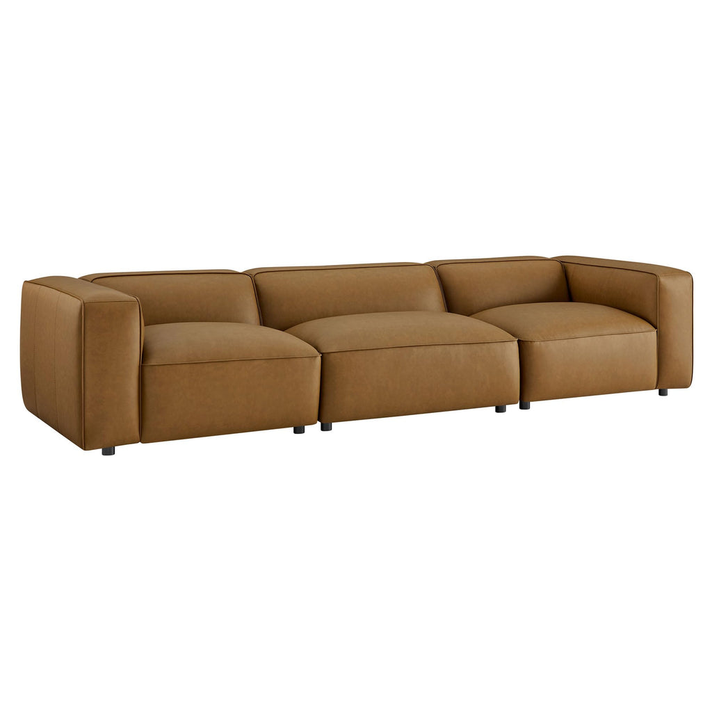 Auren Vegan Leather 3 Piece Modular Sofa in Camel - Faux Leather 3 Seater Couch - Comfy Mid Century Modern PU Leather