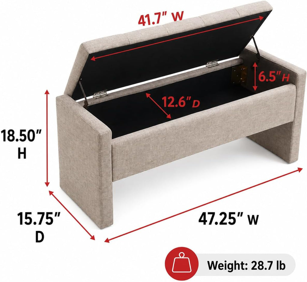47.25 Inch Storage Ottoman Bench, Linen Upholstered, Grey Brown | End of Bed Storage Bench, Entryway Shoe Bench and