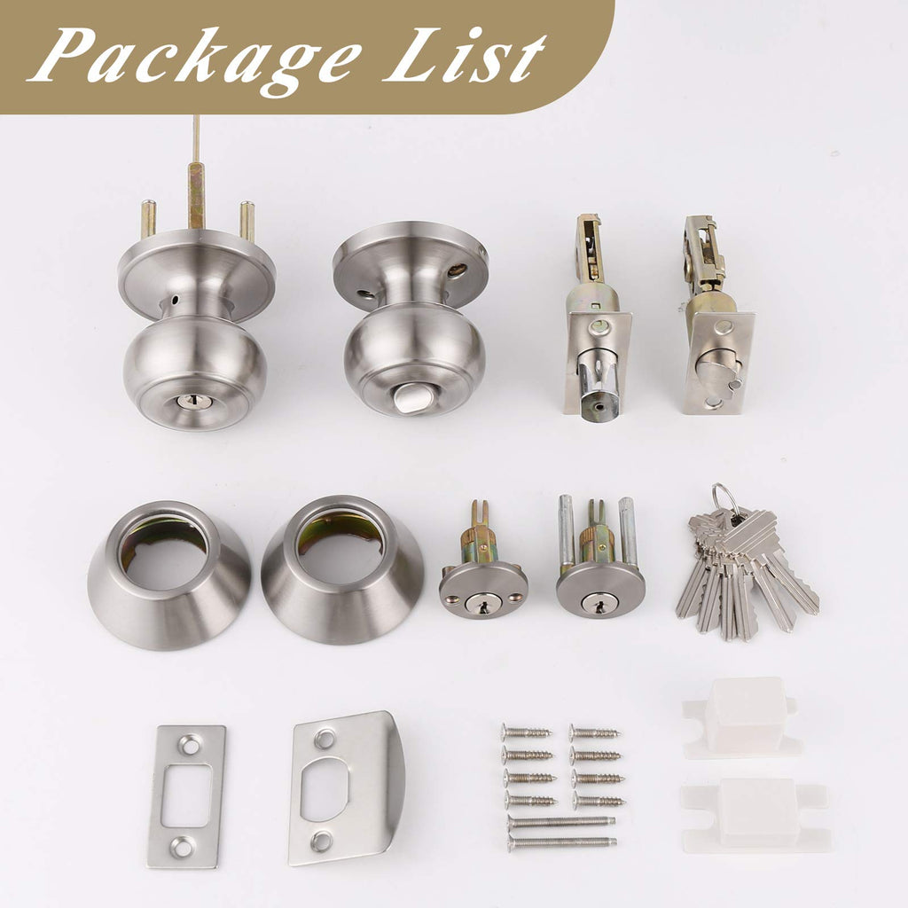Front Door Entry Handles Lockset and Double Cylinder Deadbolt Combination Set, Satin Nickel (2 Pack) Keyed Alike