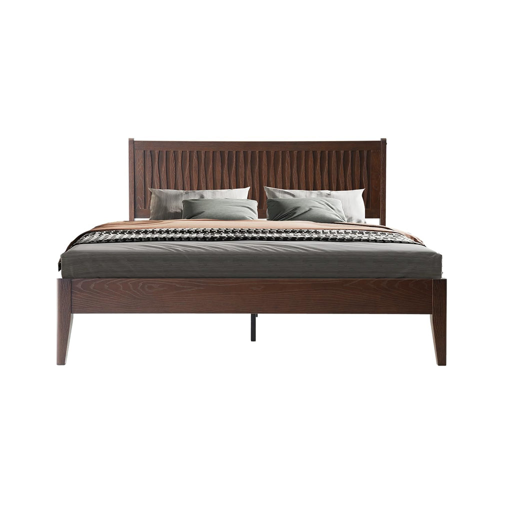 Queen Size Bed Frame with Headboard & Footboard, Solid Wood Platform Bed, Central Metal Legs, 12 Sturdy Slats, Under