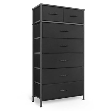 Tall, Vertical Storage Organizer Tower with 7 Drawers, Chest of Drawers with Fabric Bins, Steel Frame, Wood Top