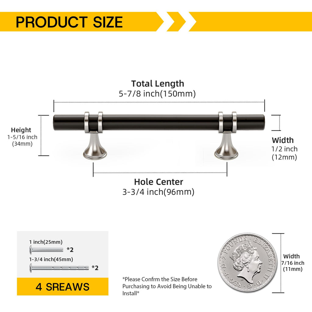25 Pack 3-3/4 Inch Hole Center Black and Silver Cabinet Pulls