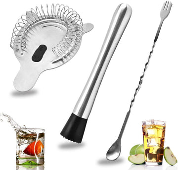 Stainless Steel Cocktail Muddler, Spiral Mixing Spoon & 4-Prong Bar Strainer, Home Bar Bartender's Muddling Tool Set - Set of 3