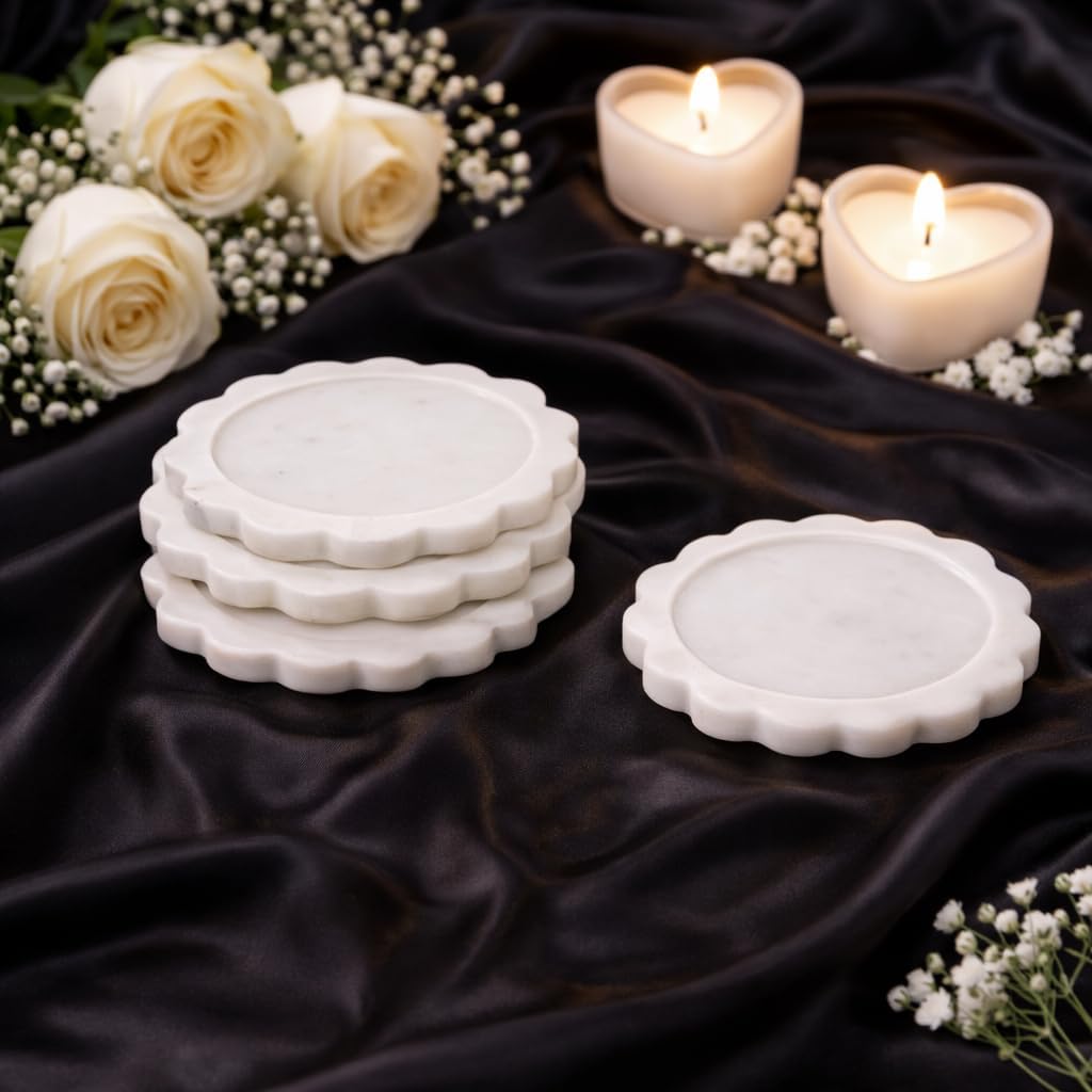 4 inch White Marble Coasters- Natural Stone Drink Cup Coasters, Farmhouse Coffee Table Decor, Modern Flower - Set of 4