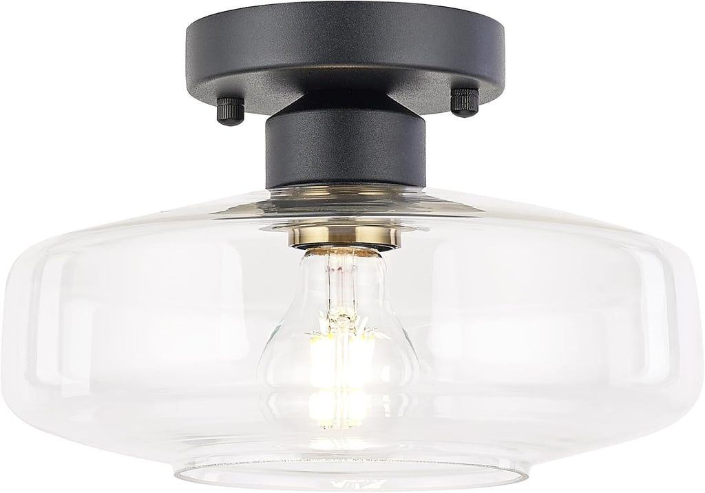 Semi Flush Mount Ceiling Light, 10.24" Modern Farmhouse | Clear Glass Light Fixture with Matte Black Finish, E26 Base
