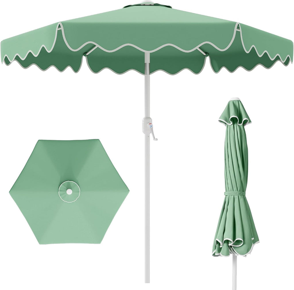 Patio Umbrella with Wavy Trim, UV-Fade-Resistant Canopy, Crank & Tilt - Pale Green 9ft