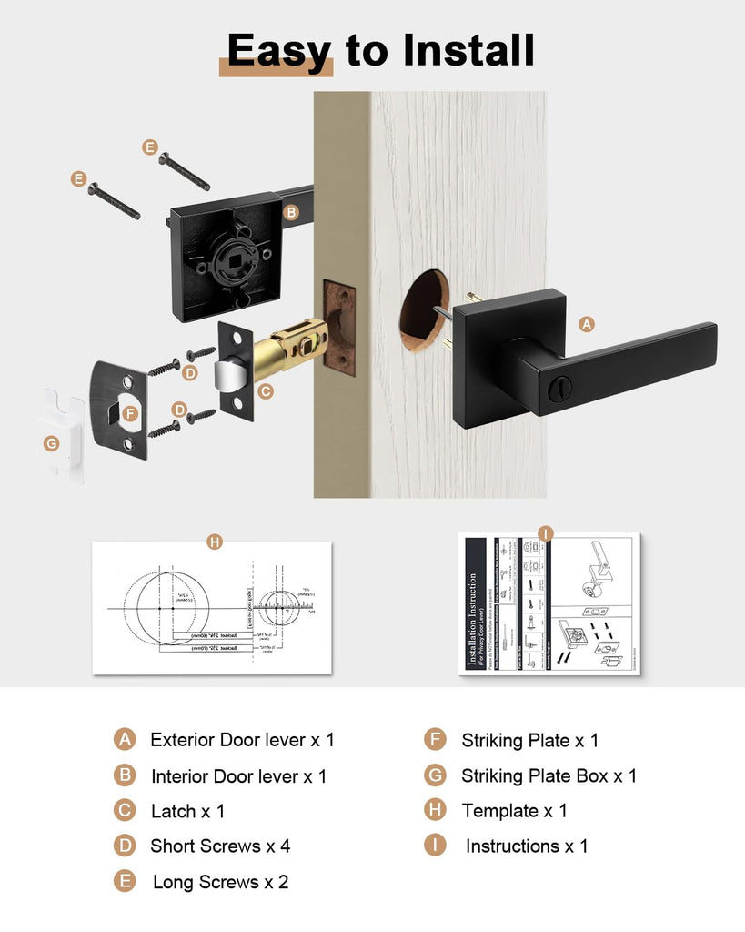 Matte Black Privacy Door Handles, 1 Pack Solid Zinc Alloy Square Interior Door Levers with Lock Bathroom Office