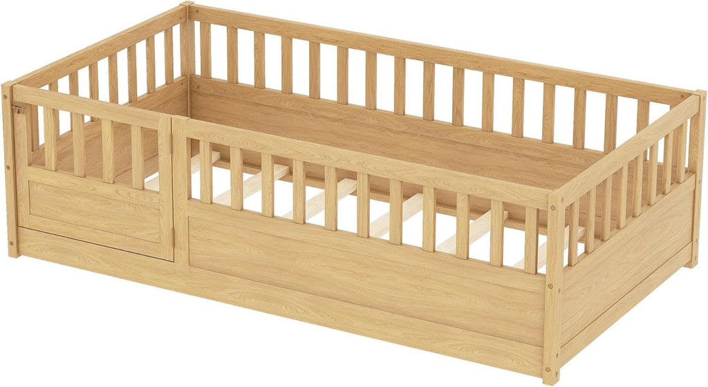 Kids Montessori Floor Bed Frame with Slats, Natural