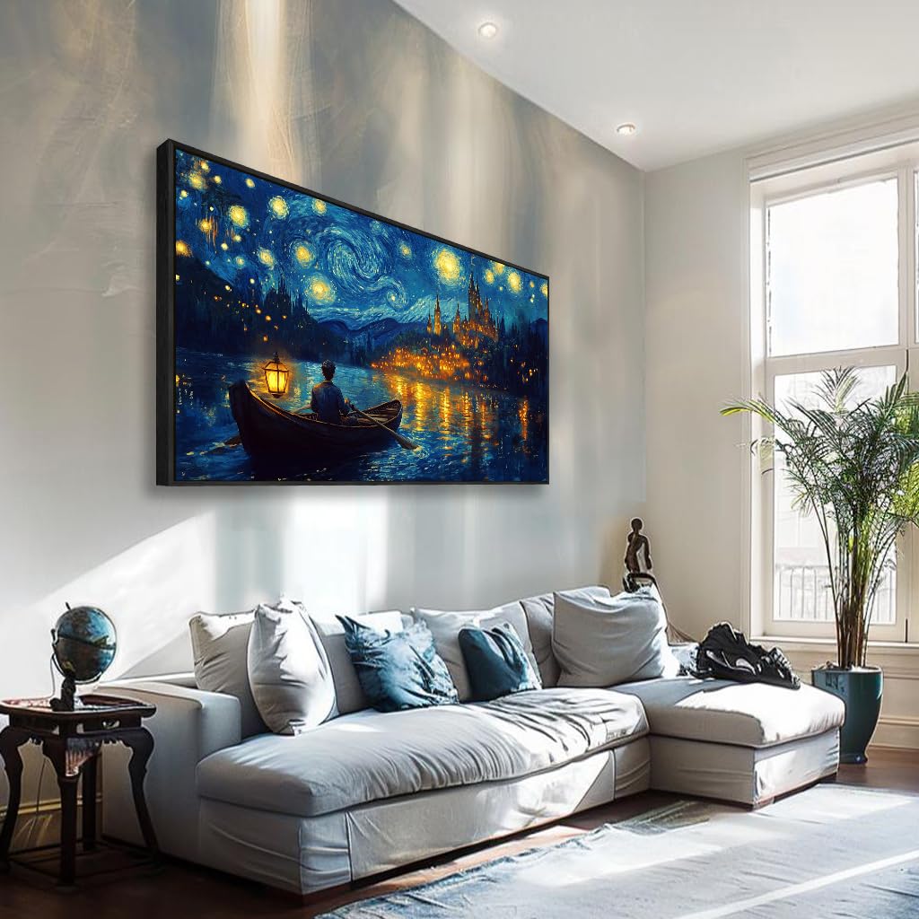 Wall Art Canvas Print Starry Night Over the Rhone by Van Gogh 30 x 58 inches Framed Home Artwork Decor Canvas Art