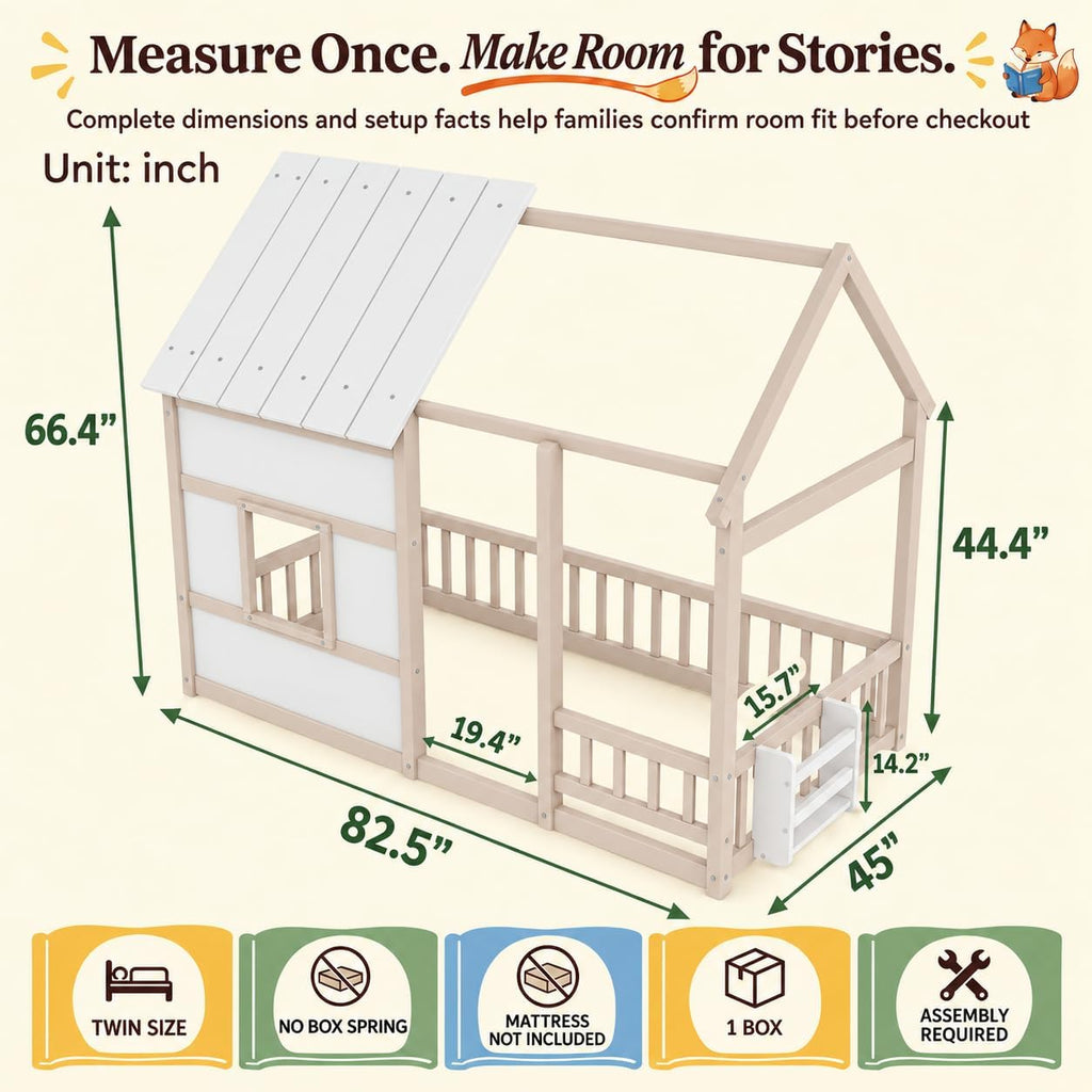 House Floor Bed with Bookshelf and 7-Color LED Lights, Cream+White