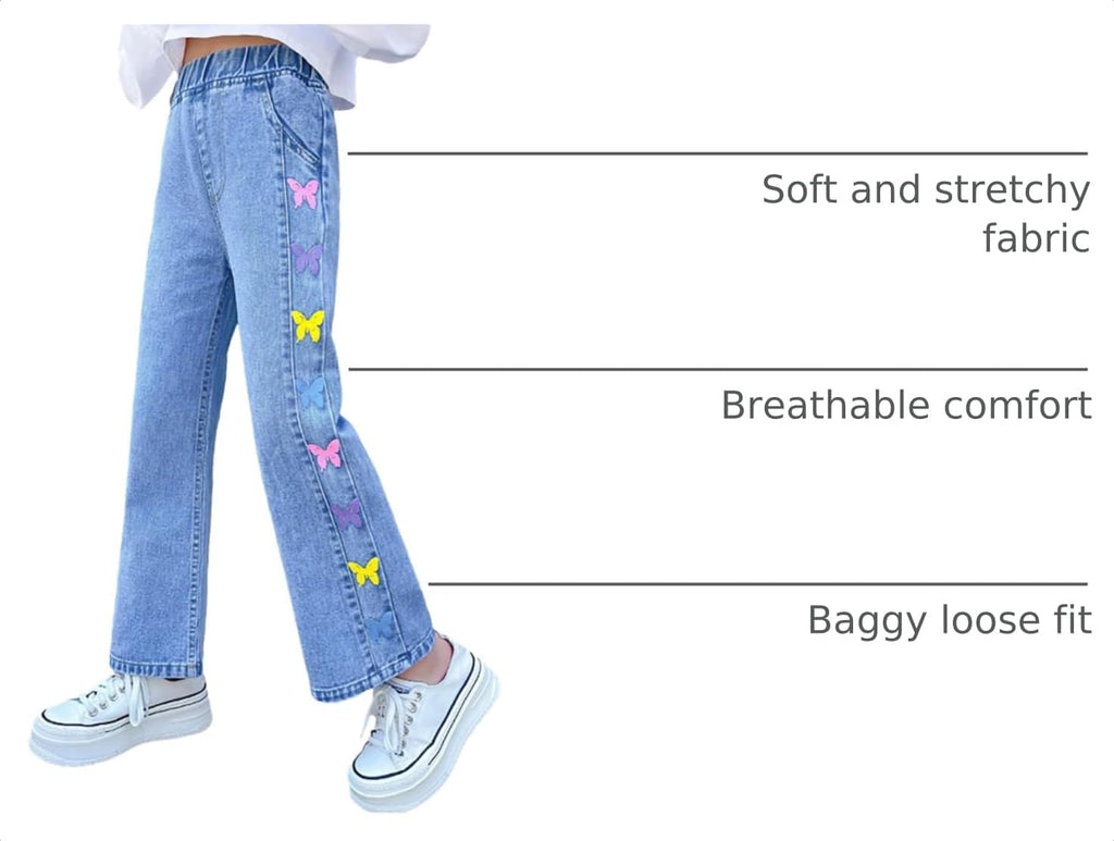 Girls Jeans Denim Elastic Wasit Wide Leg Baggy Pants Kids Clothes