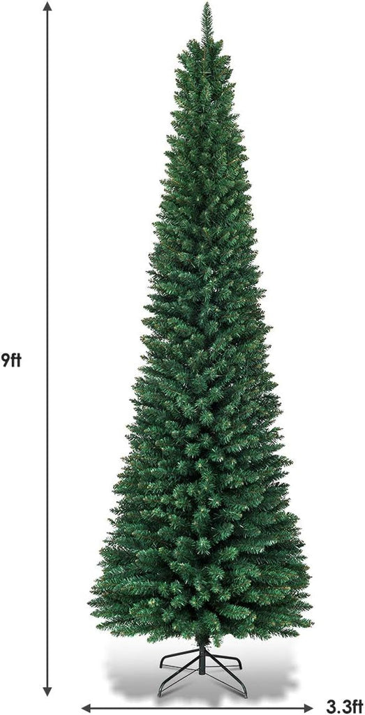 Pencil Christmas Tree, Slim Skinny Hinged Pine Tree with PVC Material, 1500 Branch Tips, Solid Metal Legs, Unlit