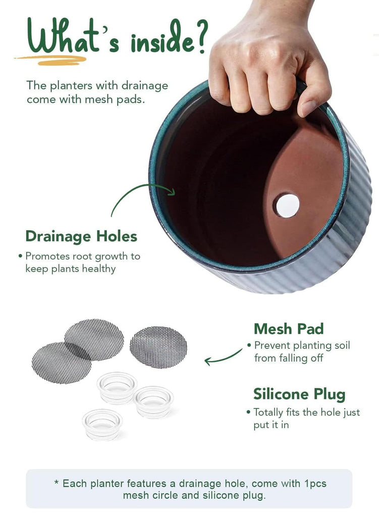 Ceramic Plant Pots with Drainage Holes, Set of 3, 8+6.7+5.5 Inch Stripe Garden Planter Pots for Outdoor Indoor Plants