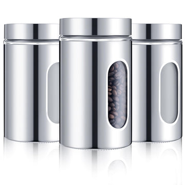 3 Pcs Stainless Steel Canister Set with Glass Windows Visible Storage Jars Silver Kitchen Canister Set for Pasta