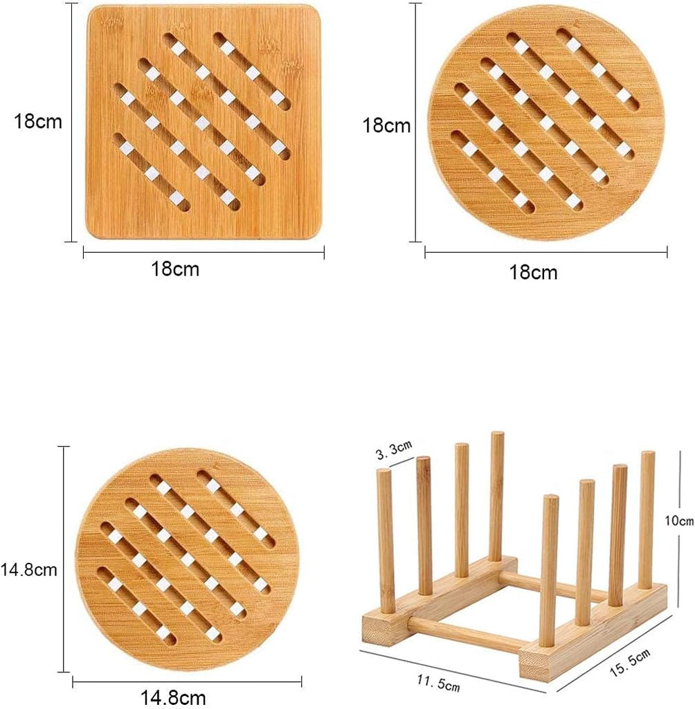 Bamboo Trivet Kitchen Natural Mat Set Heat Resistant Pads Bamboo Hot Pads Trivet Non-Slip Pads Square and Round - Set of 6