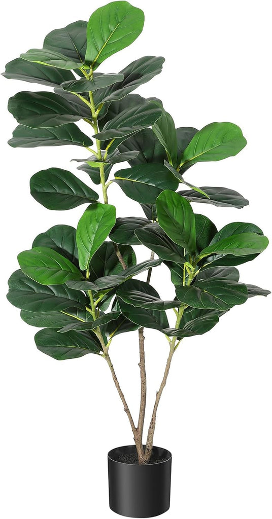 4FT Fiddle Fig Artificial Tree Faux Floor Plant with Black Planter Pot, Potted Fake Fiddle Fig Tree for Indoor