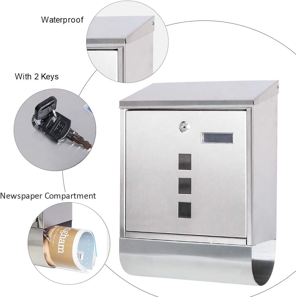 Locking Wall Mount Mailbox, Stainless Steel Mailboxes with Secure Key Lock and Newspaper Compartment, HPB2203 Silver