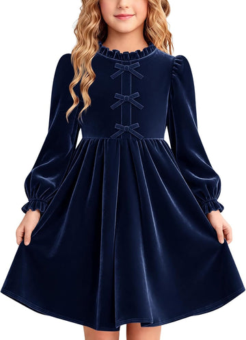 Girls Velvet Long Sleeve Dress Ruffled A-Line Party Dresses