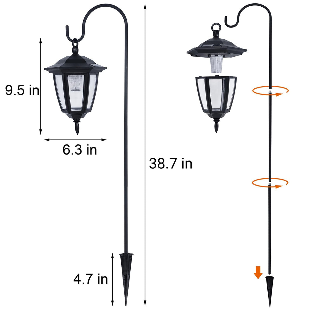 4 Pack Solar Hanging Lights Outdoor, Solar Powered Garden Decorative Lanterns with 4 x 38 Inch Shepherd Hooks