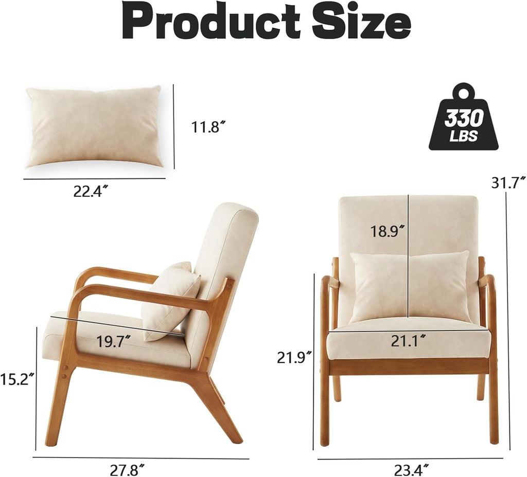 Leather Accent Chair, Mid Century Modern Armchair with Pillow