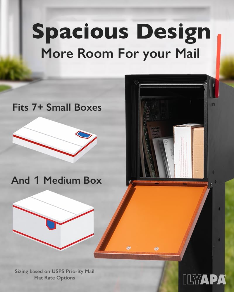 Modern Mailbox Post Mount - Large Mailbox - Black Metal Mail Box - Powder Coated Steel - All Weather Resistant