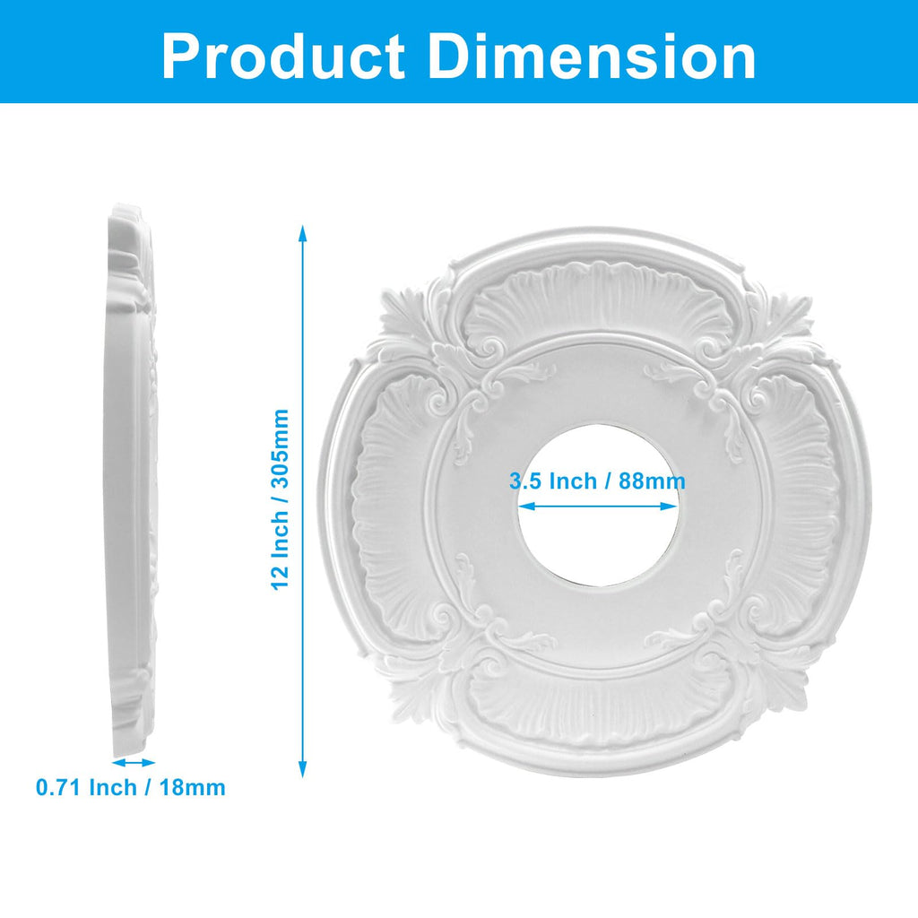 2 Pack 12 Inch PU Ceiling Medallion White Decorative Trim Ring