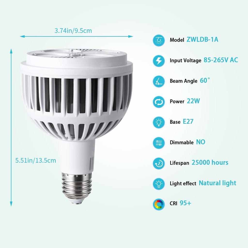 Grow Lights for Indoor Plants, Full Spectrum 4000K, 22W Plant Light Bulb with High PPFD, E27 Base, LED Energy Saving