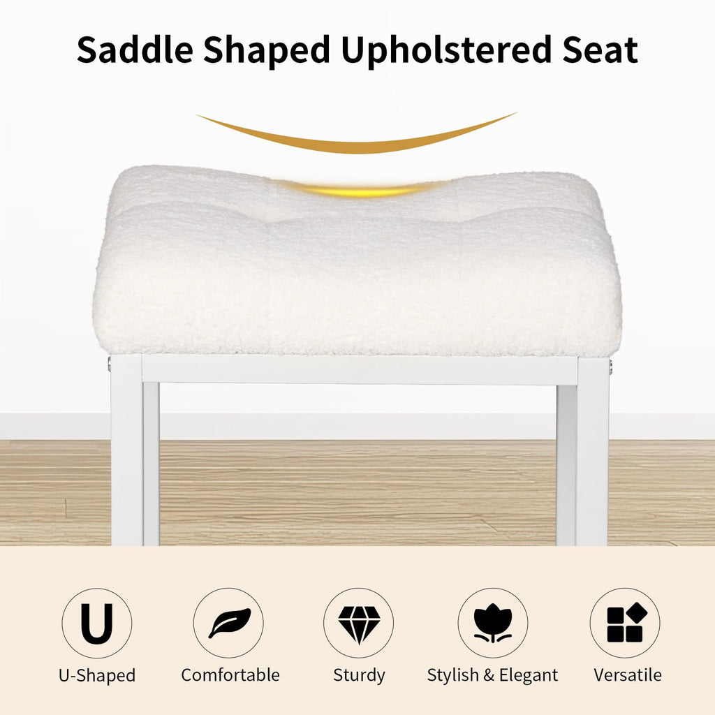 Vanity Stool, Saddle Seat Makeup Stool Chair with Metal Leg, U-Shaped Teddy Velvet Ottoman Foot Rest Stool, Small