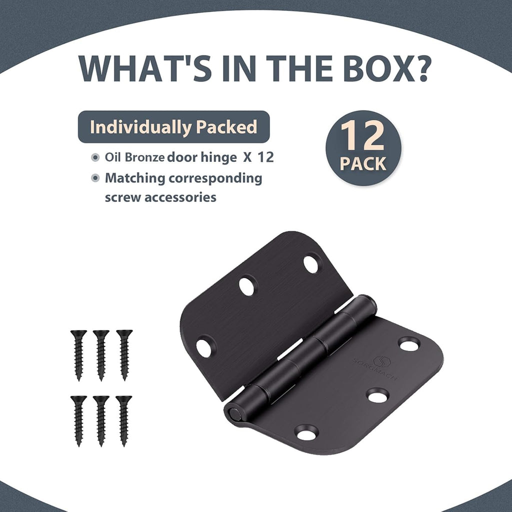 Door Hinges Oil Rubbed Bronze Hinges 3.5 in 5/8" Radius Corners Black Hinge Interior Hinge Hardware 12 Pack