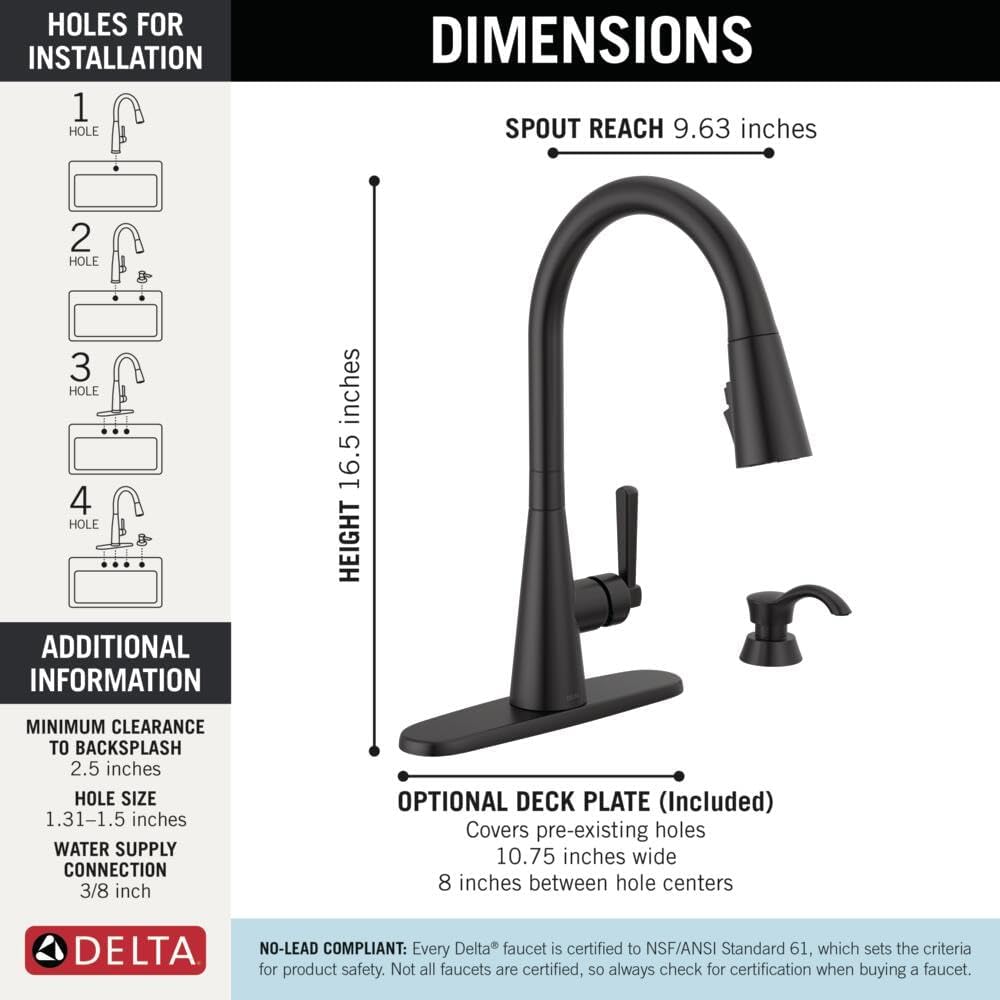 Boyd Matte Black Kitchen Faucet with Pull Down Sprayer and Soap Dispenser, Modern Single Hole Kitchen Sink Faucet
