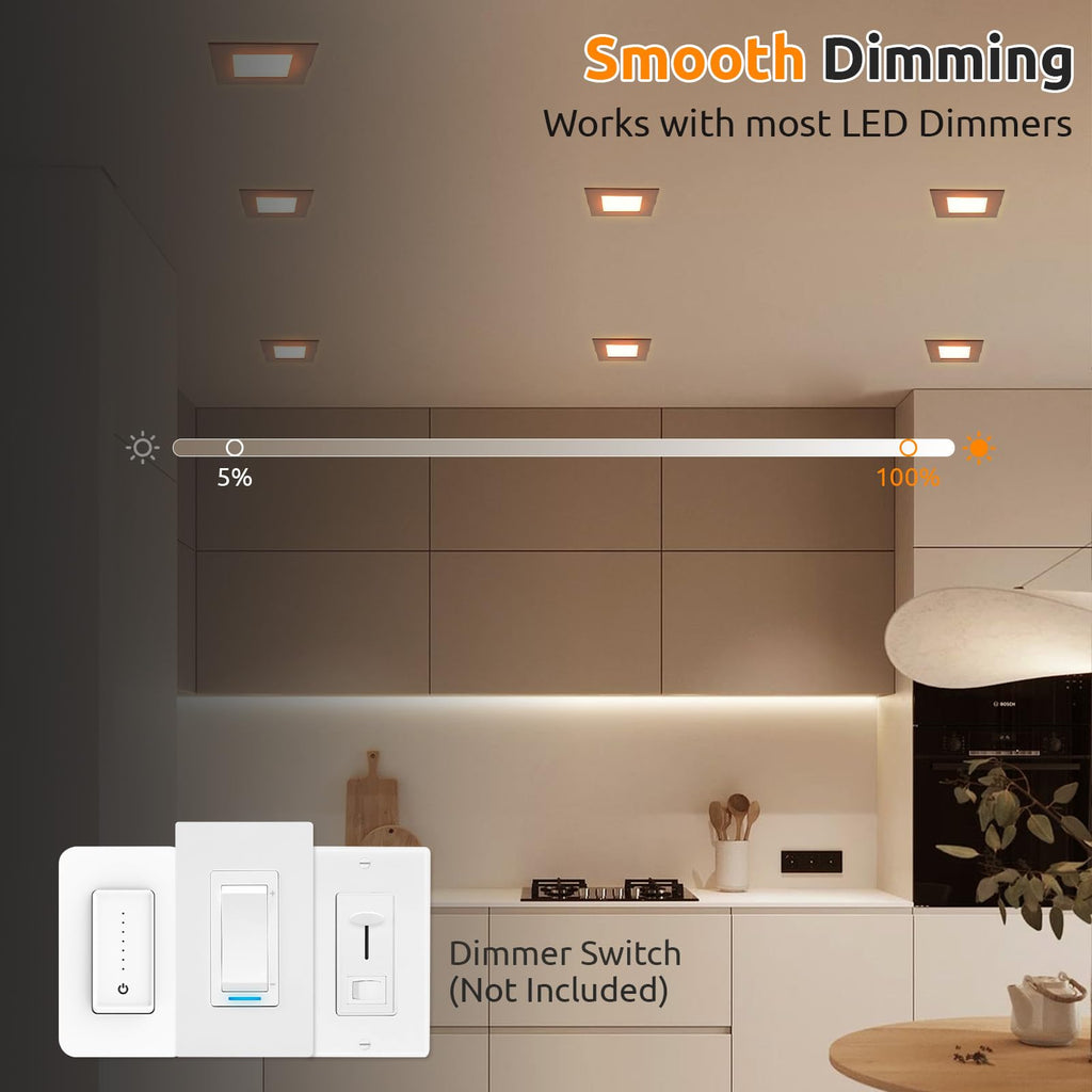 Square LED Recessed Lighting 4 Inch, 5CCT Ultra Thin Led Recessed Ceiling Lights 2 Pack, Selectable