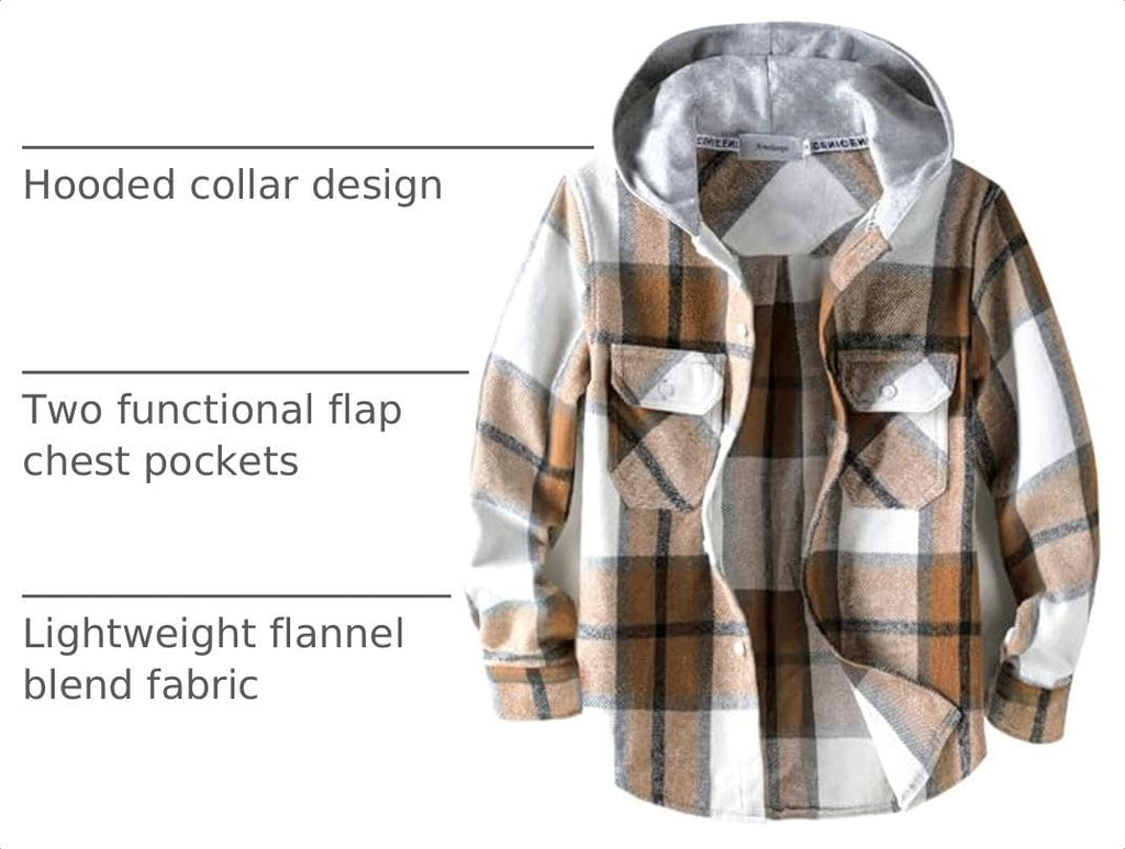 Boys Flannel Shirt Kids Plaid Hoodie Button Down Shirts
