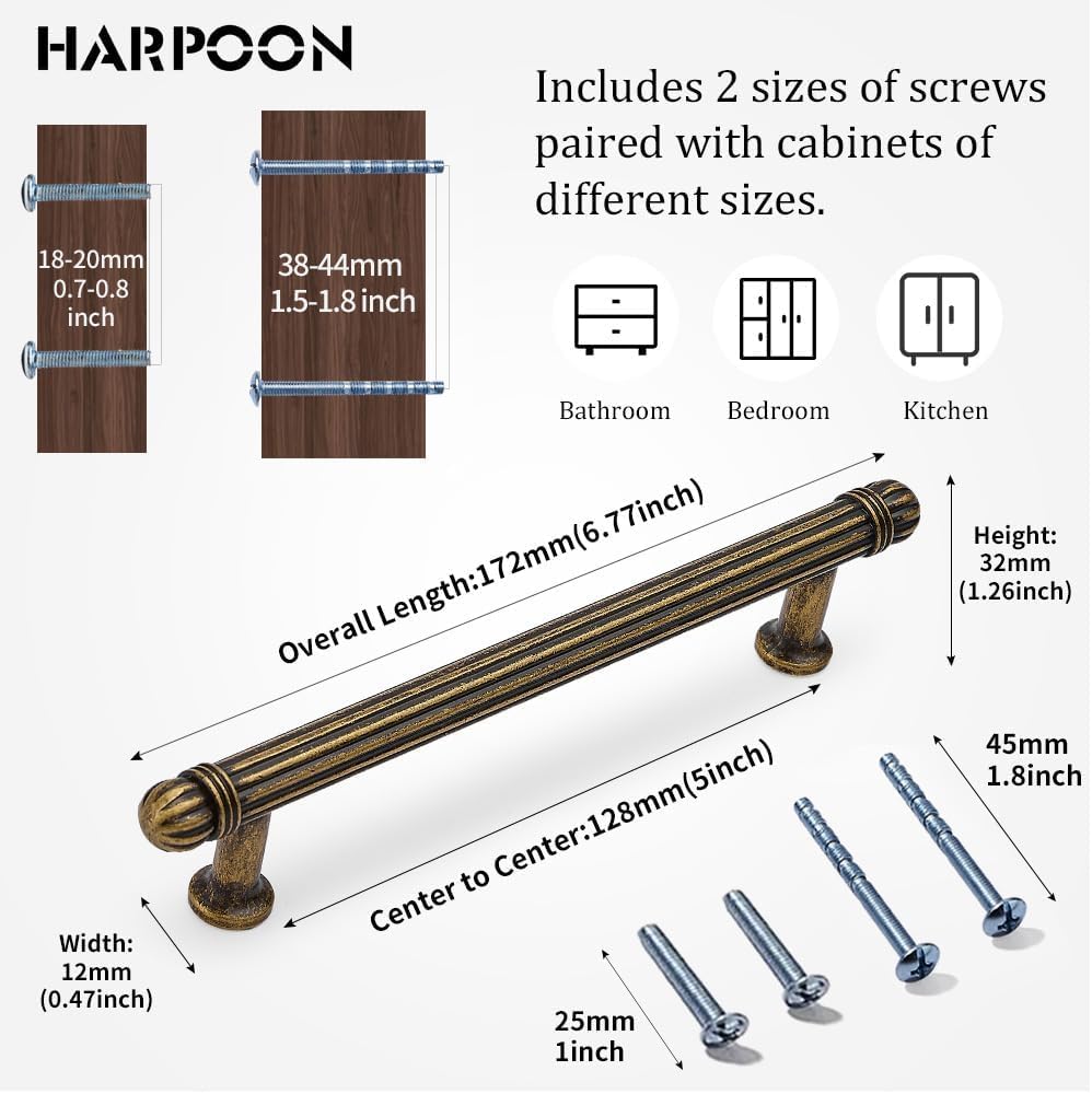 10 Pack 5" Fluted Cabinet Handles Antique Brass Bar Drawer Pulls