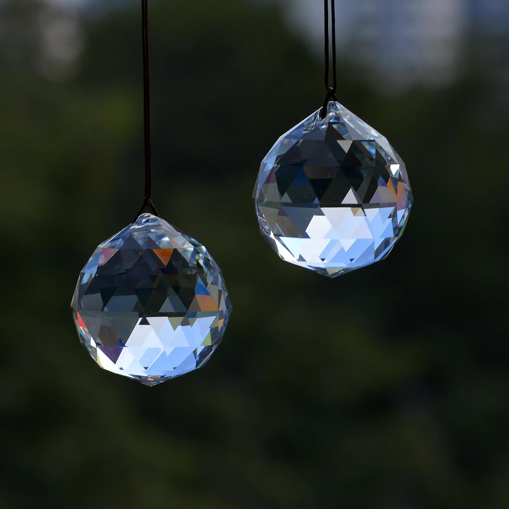 2PCS Ball Crystal Suncatcher Prisms for Windows (Ball Clear) - Clear, K9 Glass, Rainbow Maker, with Hooks & Cord