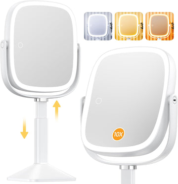 Rectangle Lighted Makeup Mirror with Magnification, 10X Magnifying Mirror with Lights 3 Color, Height Adjustable and