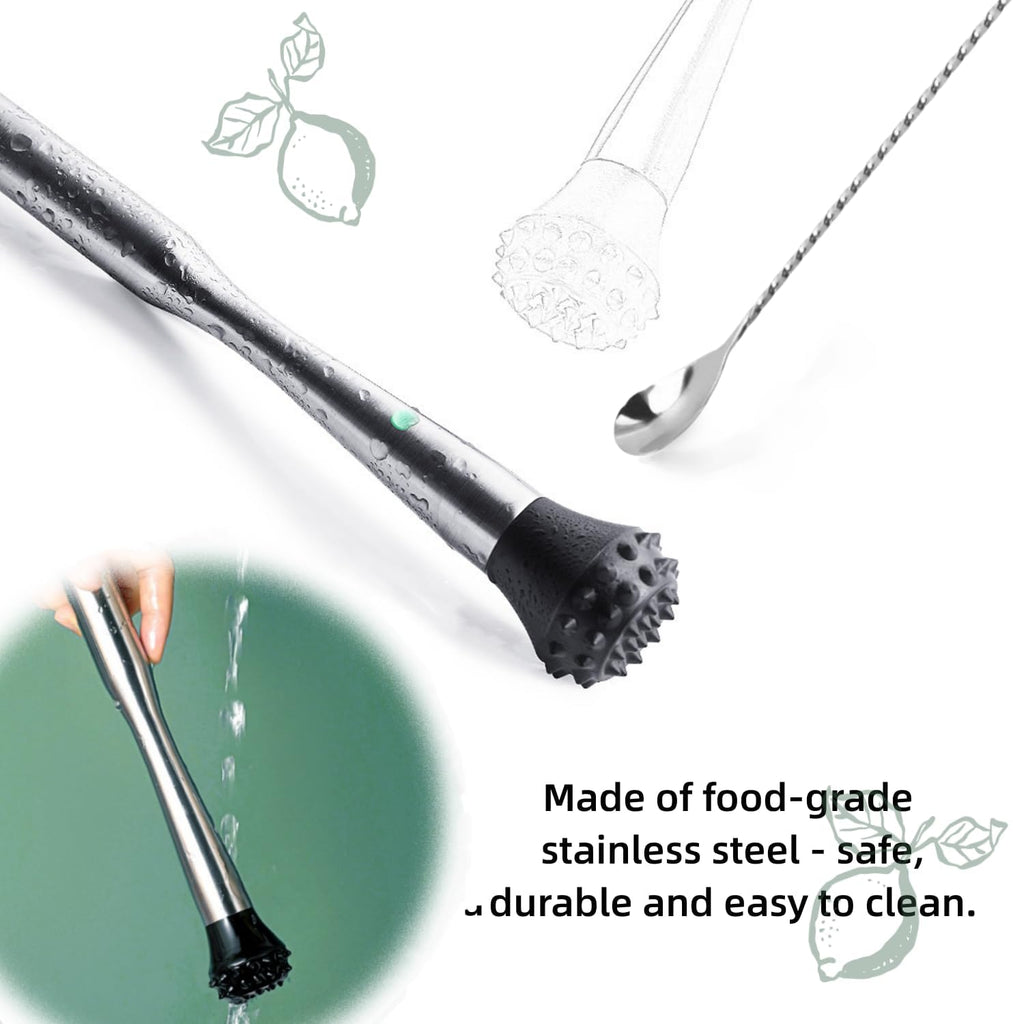 Muddler for Cocktails Stainless Steel, Muddlers Pestle with Stirring Spoon, Bartender Cocktail Shaker Bar Tool Set - Set of 2