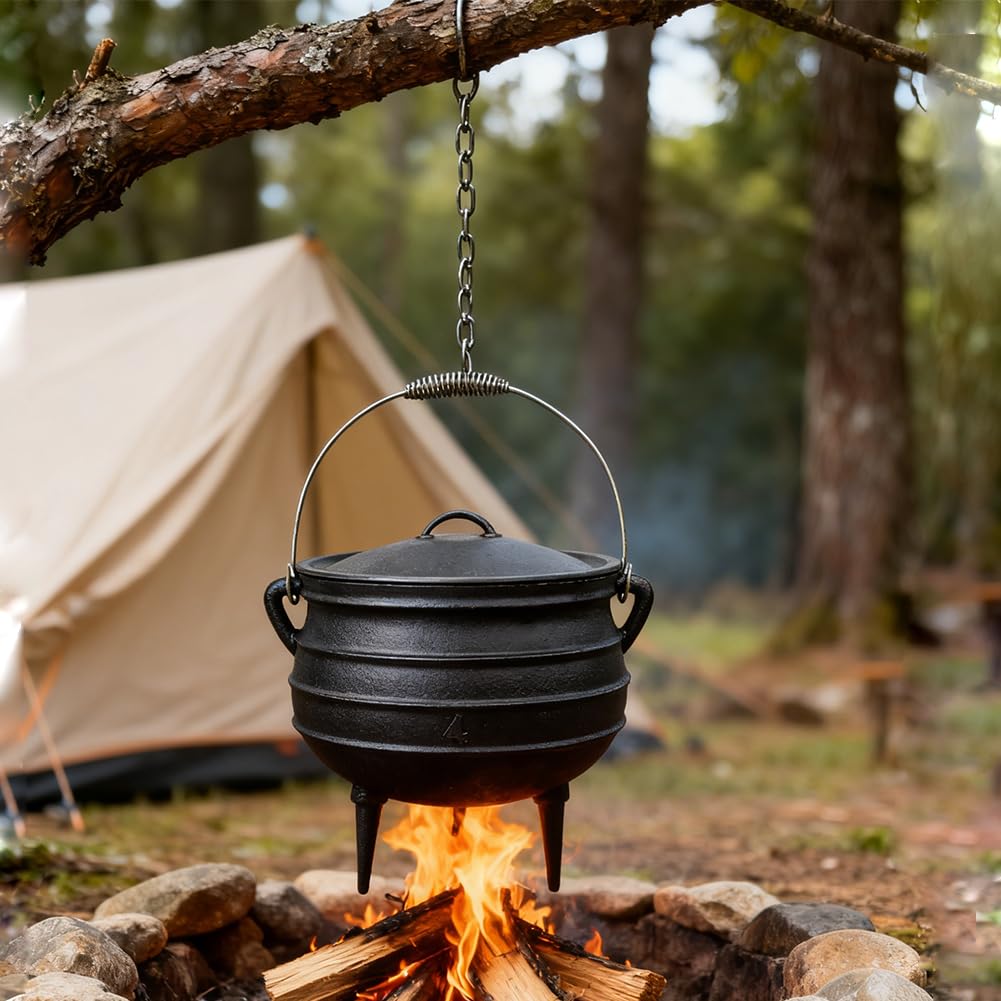 Pre-Seasoned Cast Iron Cauldron - 6 Quart African Potjie Pot with Lid - 3-Legged Dutch Oven for Camping and