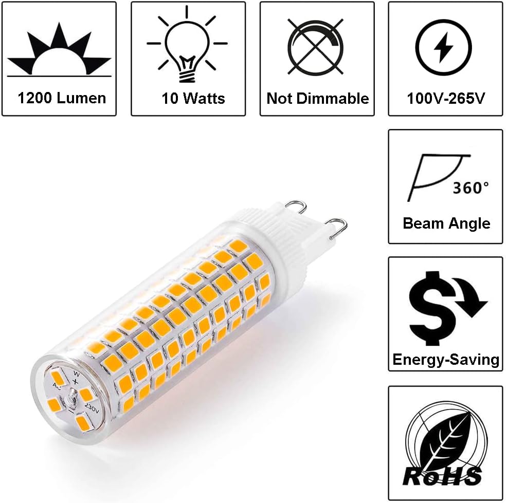 G9 LED Bulb 10W, 100W G9 Halogen Bulb Equivalent, 1200LM, AC 100V-265V, Daylight White 6000K, Non-Dimmable G9 Bulbs
