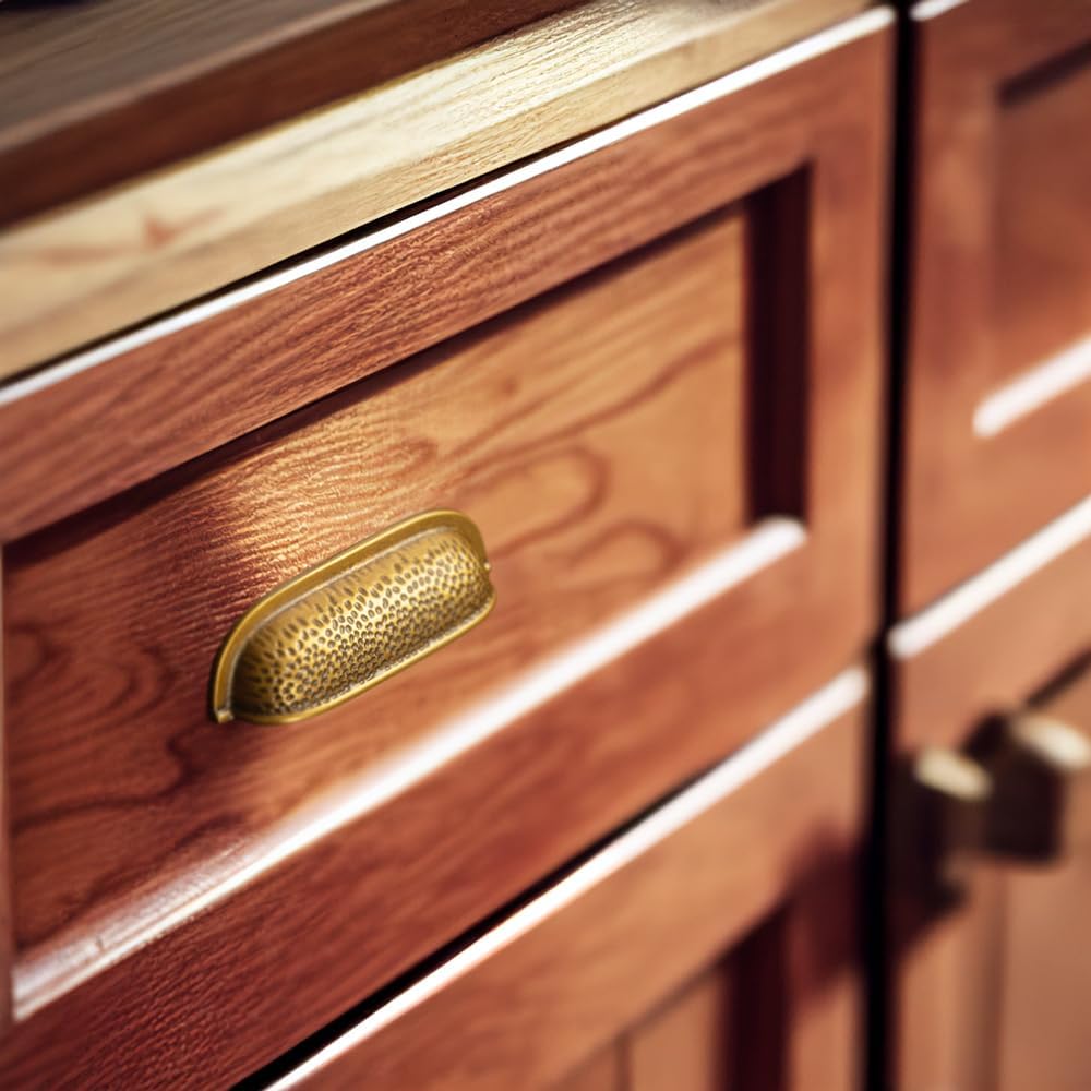 6 Pack 3 Inch Antique Brass Cabinet Cup Pulls - Hammered Texture with Curved Edges, Elegant Drawer Bin Handle &
