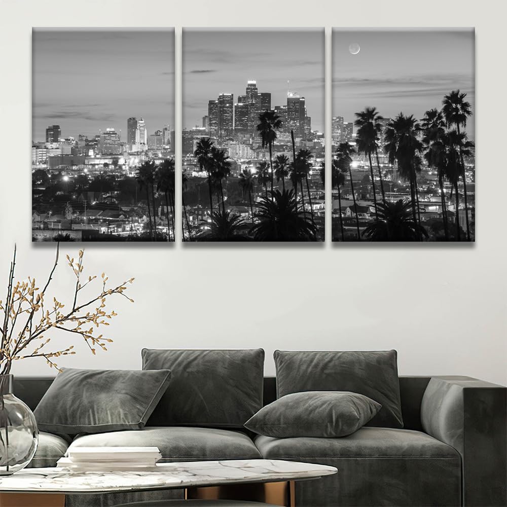 3 Piece California Skyline Black and White Wall, Los Angeles City Skyline Panorama at Dusk with Urban Skyscrapers