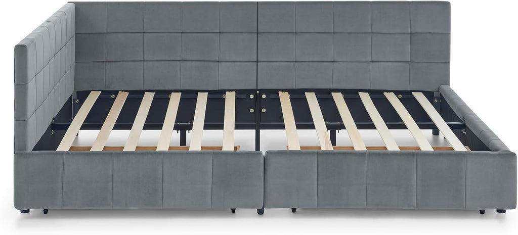 Queen Size Corner Bed Frame with Storage Drawers Comfortable Backrest