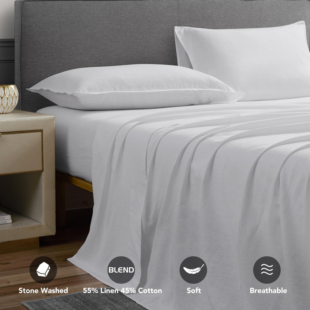 Linen Sheets Set Solid Color, Soft Breathable Sheets Set 4 PCs, Hypoallergenic French Linen Cotton Blend Bedding for