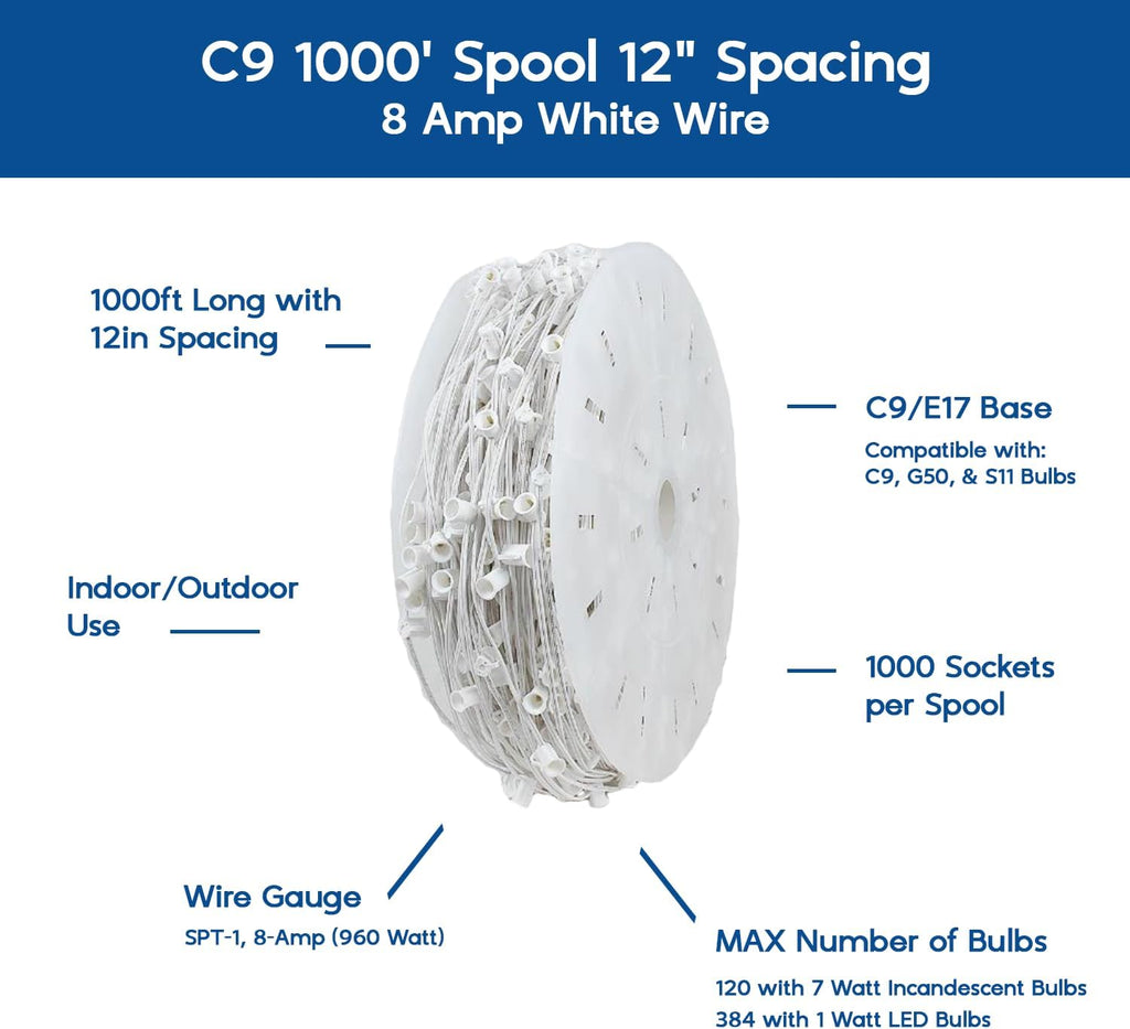 1,000 Feet C9 E17 Socketed Light Spool, White Wire Bulk Reel