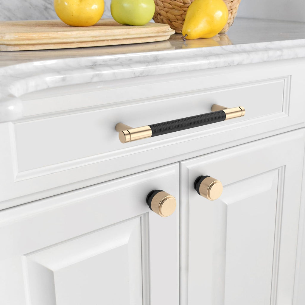 6 Pack 5 Inch(128mm) Matte Black and Champagne Bronze Cabinet Pulls Knurled Cabinet Handles Cupboard Handles Kitchen