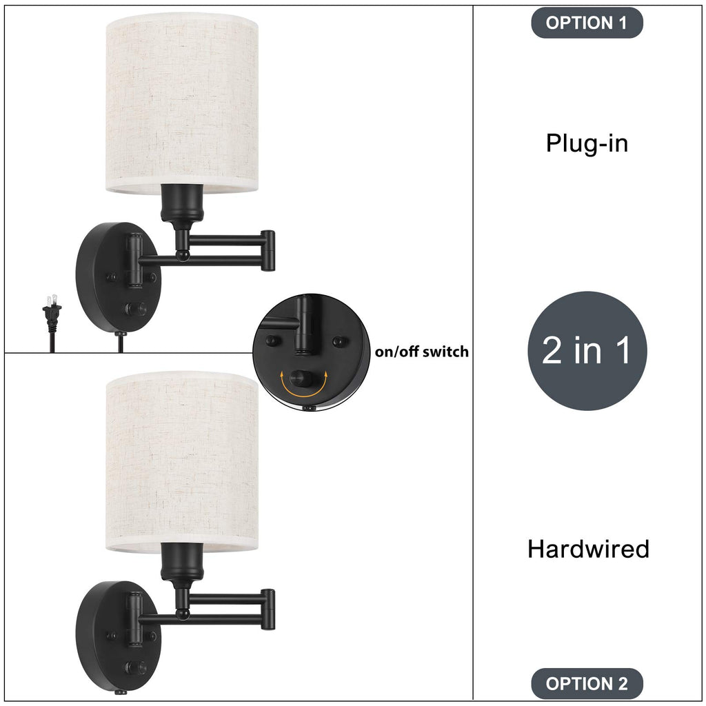 Plug in Wall Sconce Set of 2, Swing Arm Wall Lamps