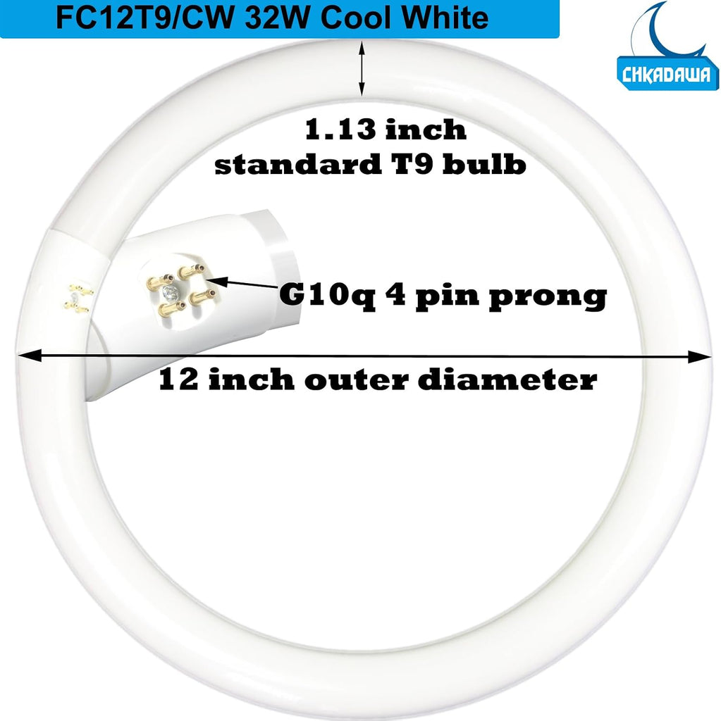 22W and FC12T9/CW 32W Cool White Round Fluorescent Light Bulb Set, 8 inch T9 22 Watts & 12 inch 32 Watts