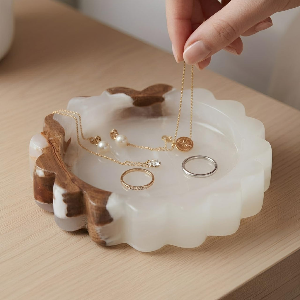 Scalloped Marble Jewelry Dish, 5.5" Ring Holder Trinket Tray