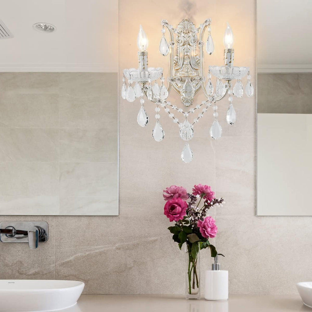 French Country Crystal Wall Sconce, 2-Light Distressed White Gold Candle Style with Teardrop Crystals, Hardwired