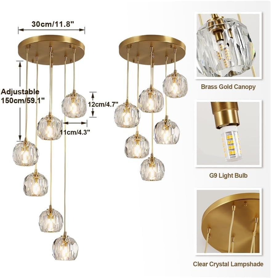 Chandelier Light Modern Chandelier Copper Crystal Pendant Light 47" Long Adjustable Ceiling Light for Living Room Staircase Hotel Ceiling Lighting Fixture(6 Head) A116-B0DHGQ84T4