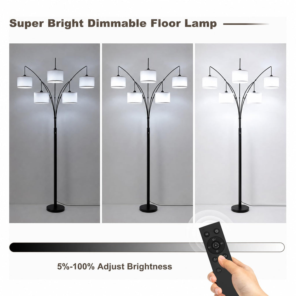 Floor Lamps, 4000LM Super Bright Arc Floor Lamp with Remote Control, 5 Light Tall Floor Lamps with Stepless